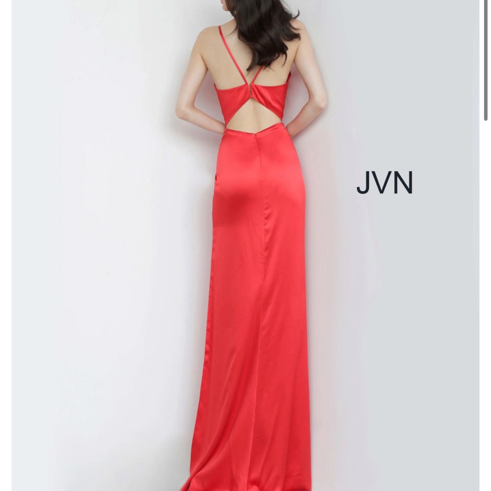 JVN Coral-Red Satin Evening Dress